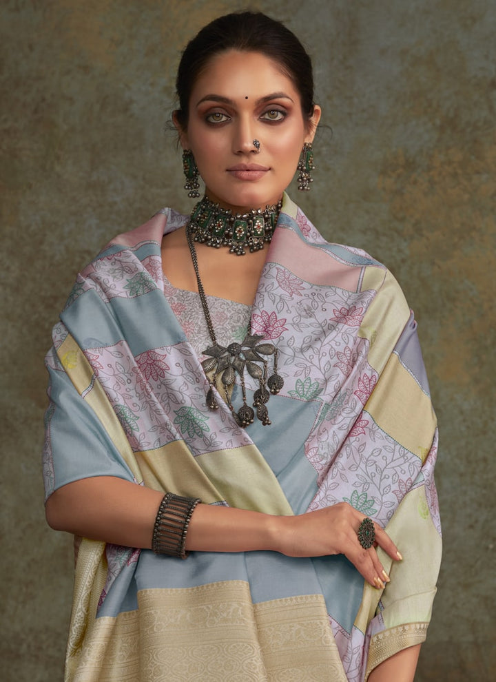 Lassya Fashion Cream And Lavender Watercolor Digital Print Soft Silk Saree