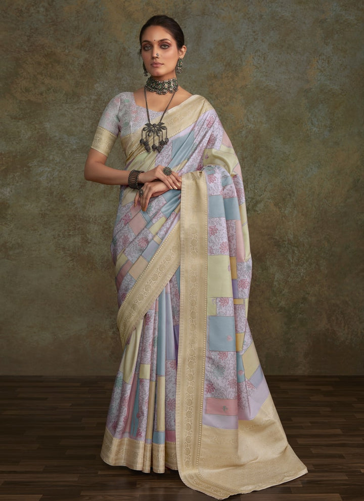Lassya Fashion Cream And Lavender Watercolor Digital Print Soft Silk Saree