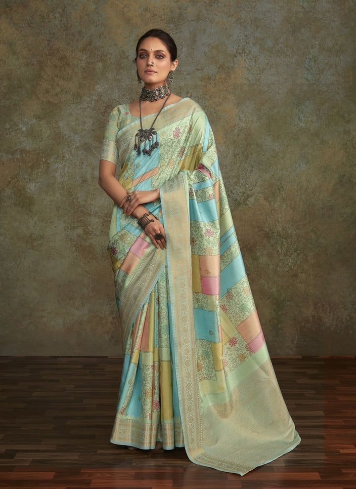 Lassya Fashion Sea Green Watercolor Digital Print Soft Silk Saree