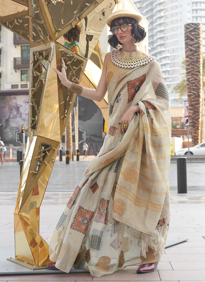 Lassya Fashion Beige Handwoven Zari Tissue Silk Saree