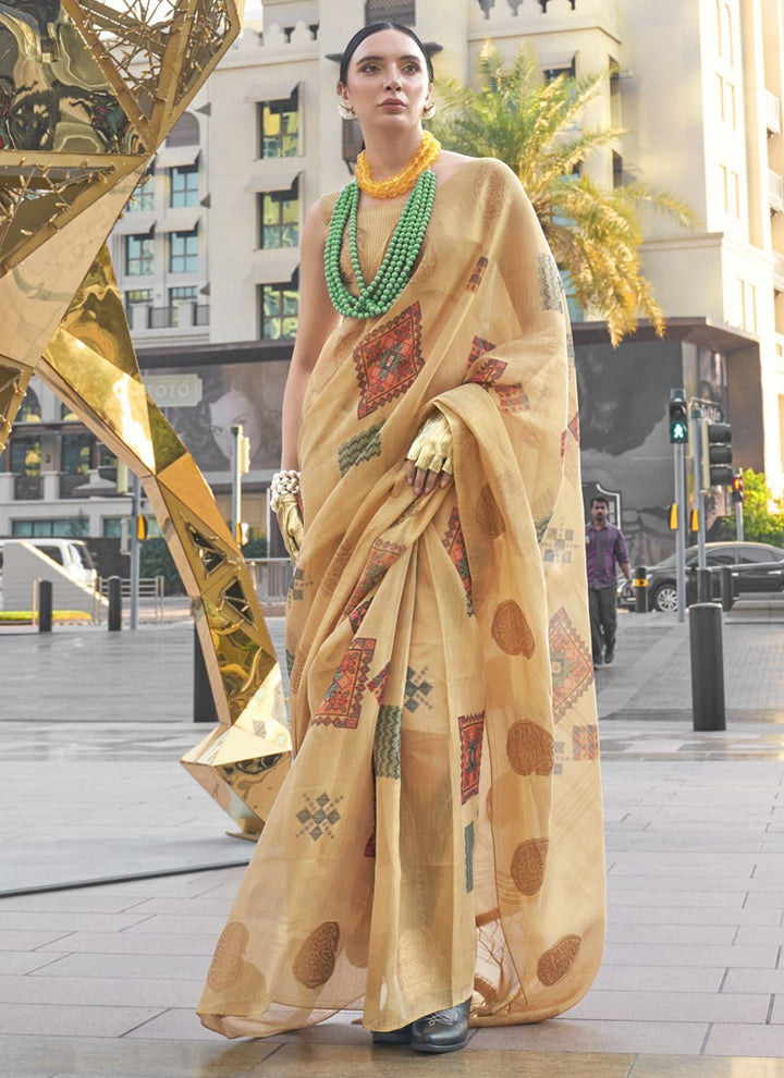 Lassya Fashion French Beige Handwoven Zari Tissue Silk Saree