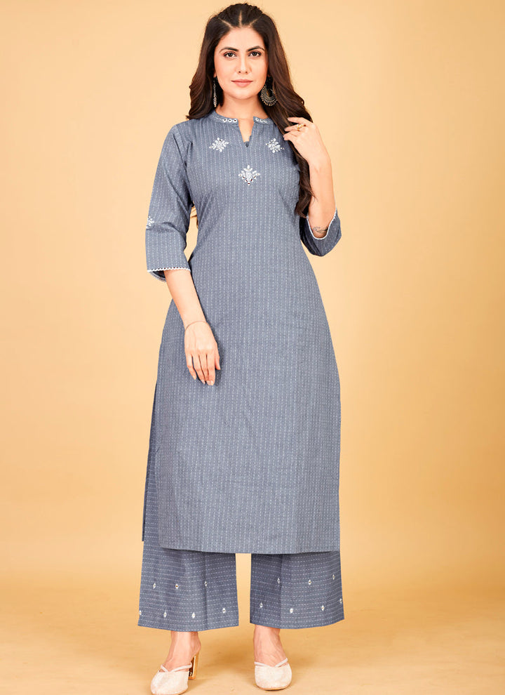 Lassya Fashion Grey-1 Denim Cotton Plazzo Suit with Stunning Mirror Work