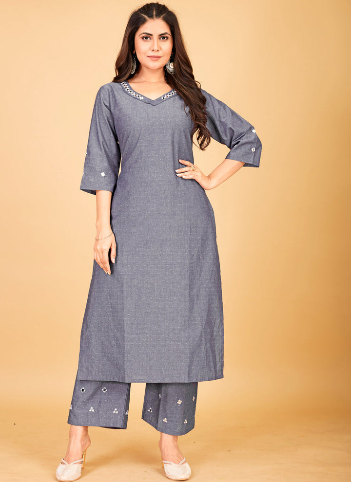 Lassya Fashion Grey-2 Denim Cotton Plazzo Suit with Stunning Mirror Work