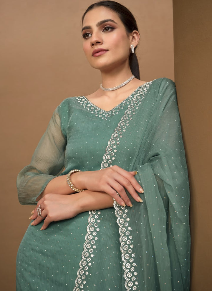 Lassya Fashion Sage Green Organza Chiffon Swarovski Salwar Suit