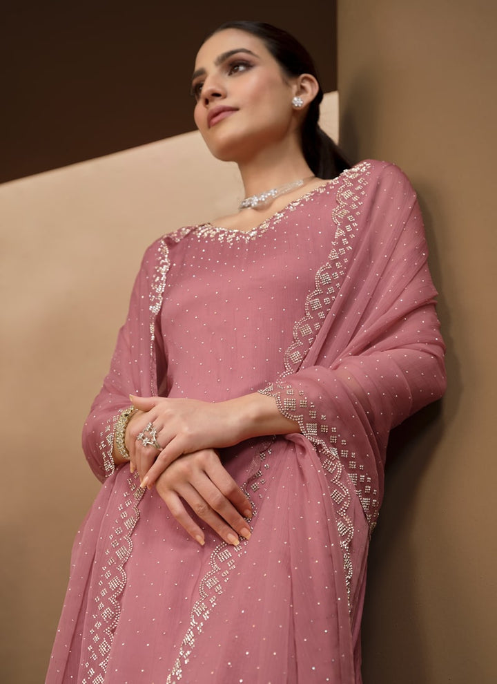 Lassya Fashion Dusty Pink Organza Chiffon Swarovski Salwar Suit