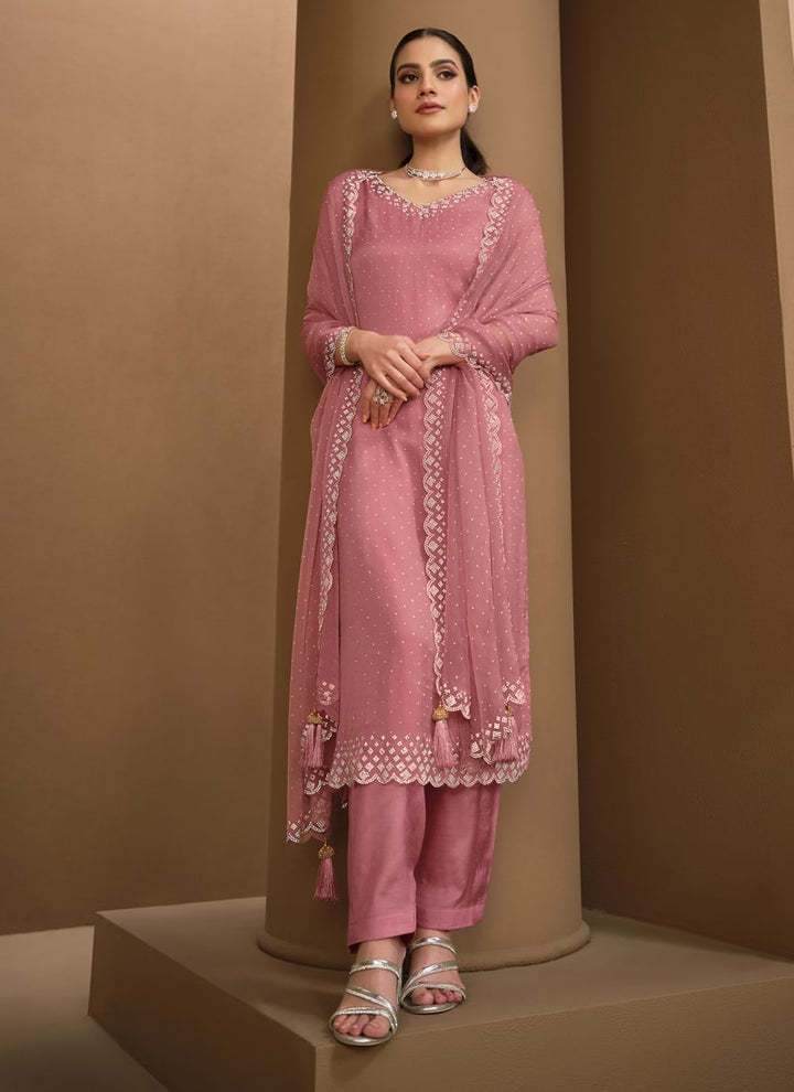 Lassya Fashion Dusty Pink Organza Chiffon Swarovski Salwar Suit