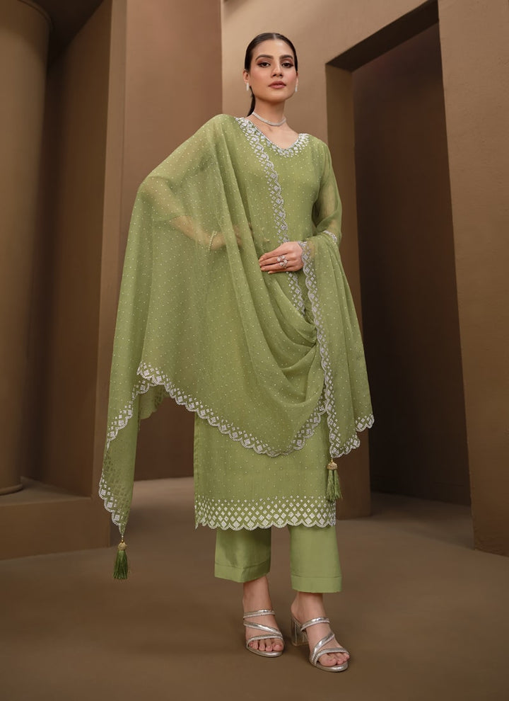 Lassya Fashion Pista Green Organza Chiffon Swarovski Salwar Suit