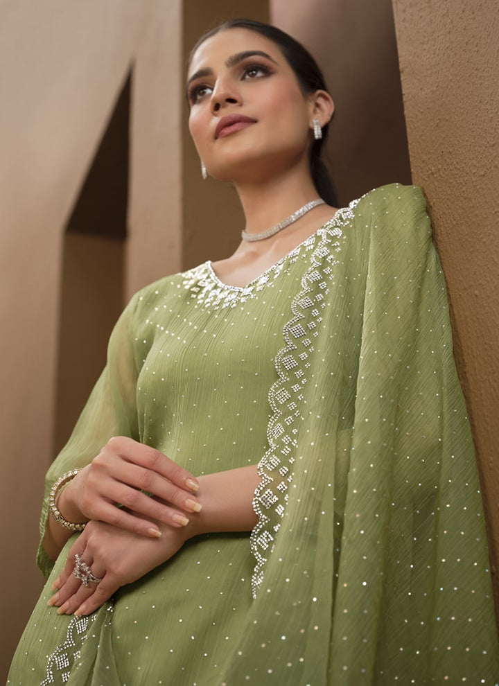 Lassya Fashion Pista Green Organza Chiffon Swarovski Salwar Suit