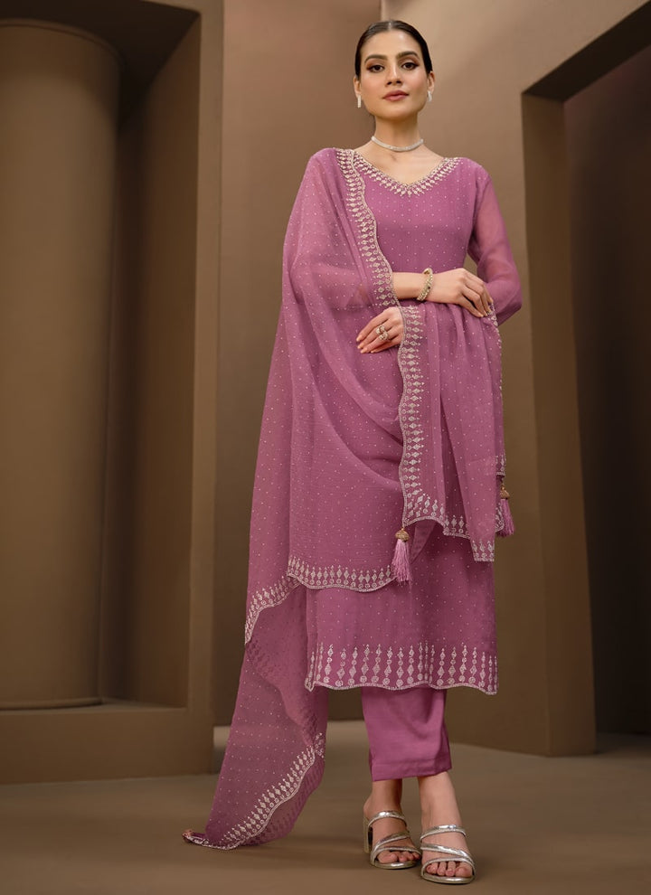 Lassya Fashion Rose Pink Organza Chiffon Swarovski Salwar Suit