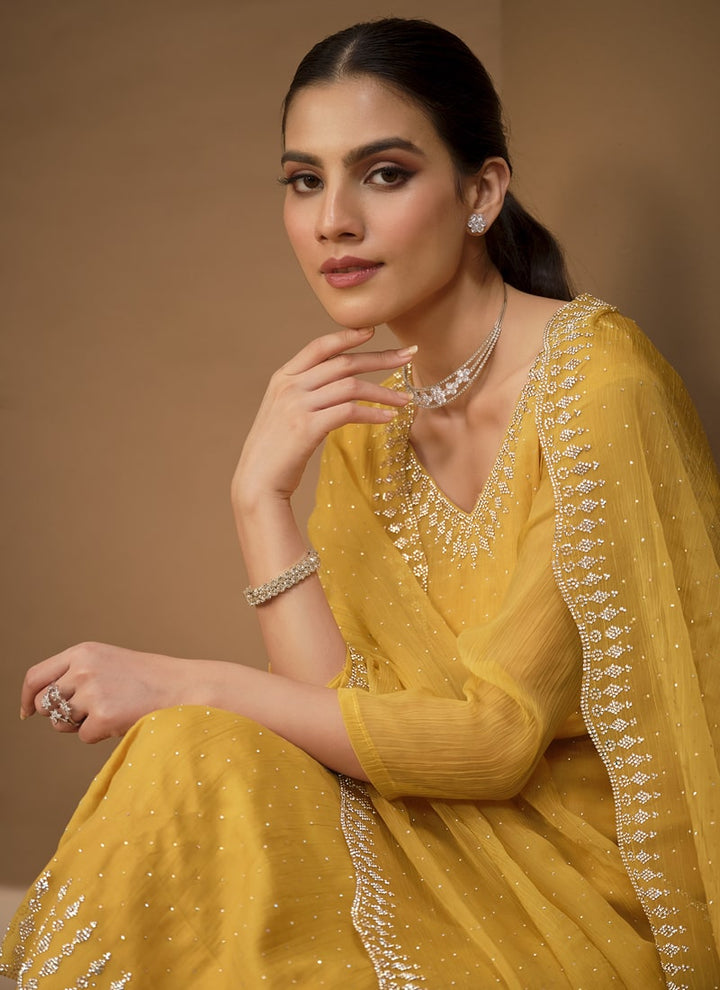 Lassya Fashion Yellow Organza Chiffon Swarovski Salwar Suit