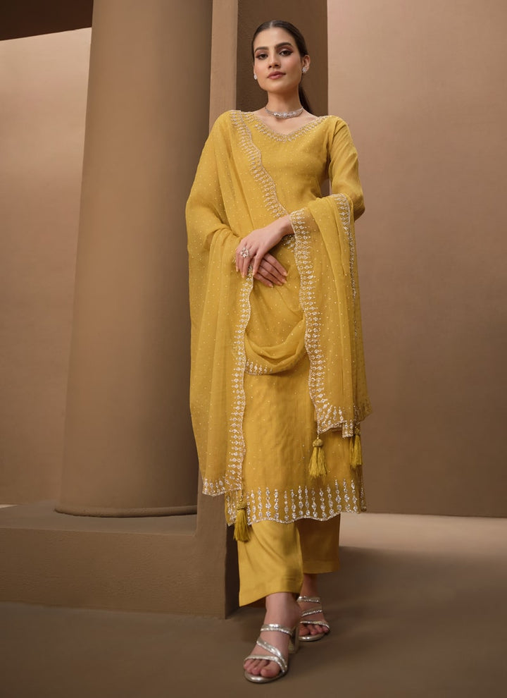 Lassya Fashion Yellow Organza Chiffon Swarovski Salwar Suit