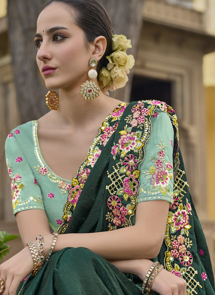 Lassya Fashion Bottle Green Exquisite Wedding Saree with Embroidery and Cut Work