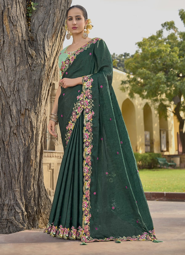 Lassya Fashion Bottle Green Exquisite Wedding Saree with Embroidery and Cut Work