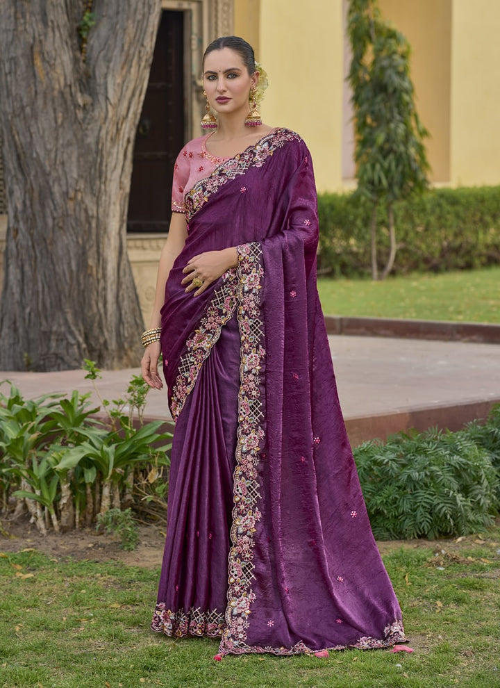 Lassya Fashion Blue Berry Exquisite Wedding Saree with Embroidery and Cut Work