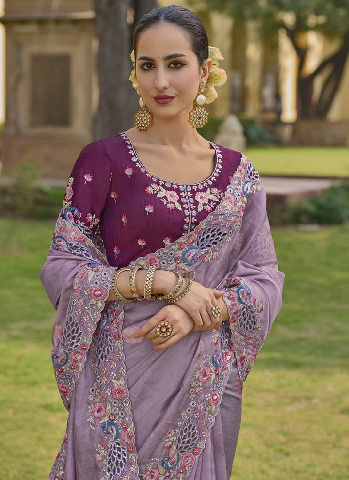 Lassya Fashion Dark Lavender Exquisite Wedding Saree with Embroidery and Cut Work