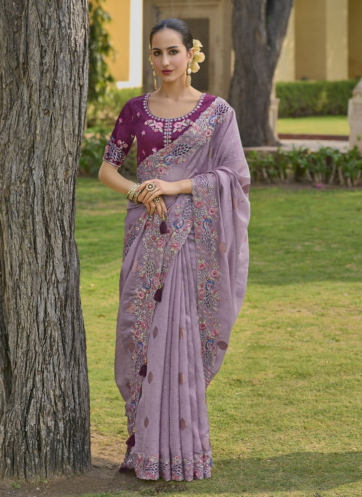 Lassya Fashion Dark Lavender Exquisite Wedding Saree with Embroidery and Cut Work