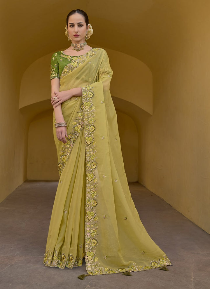 Lassya Fashion Dusty yellow Exquisite Wedding Saree with Embroidery and Cut Work