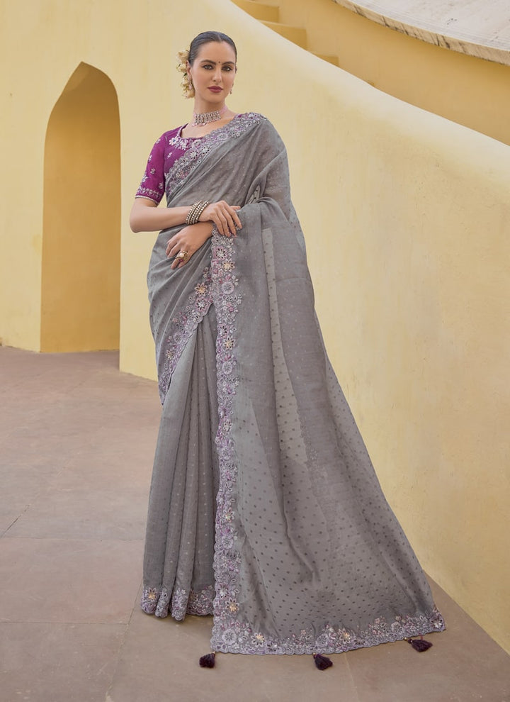 Lassya Fashion Dark Grey Exquisite Wedding Saree with Embroidery and Cut Work