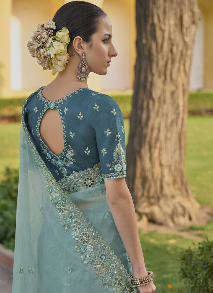 Lassya Fashion Dusty Blue Exquisite Wedding Saree with Embroidery and Cut Work