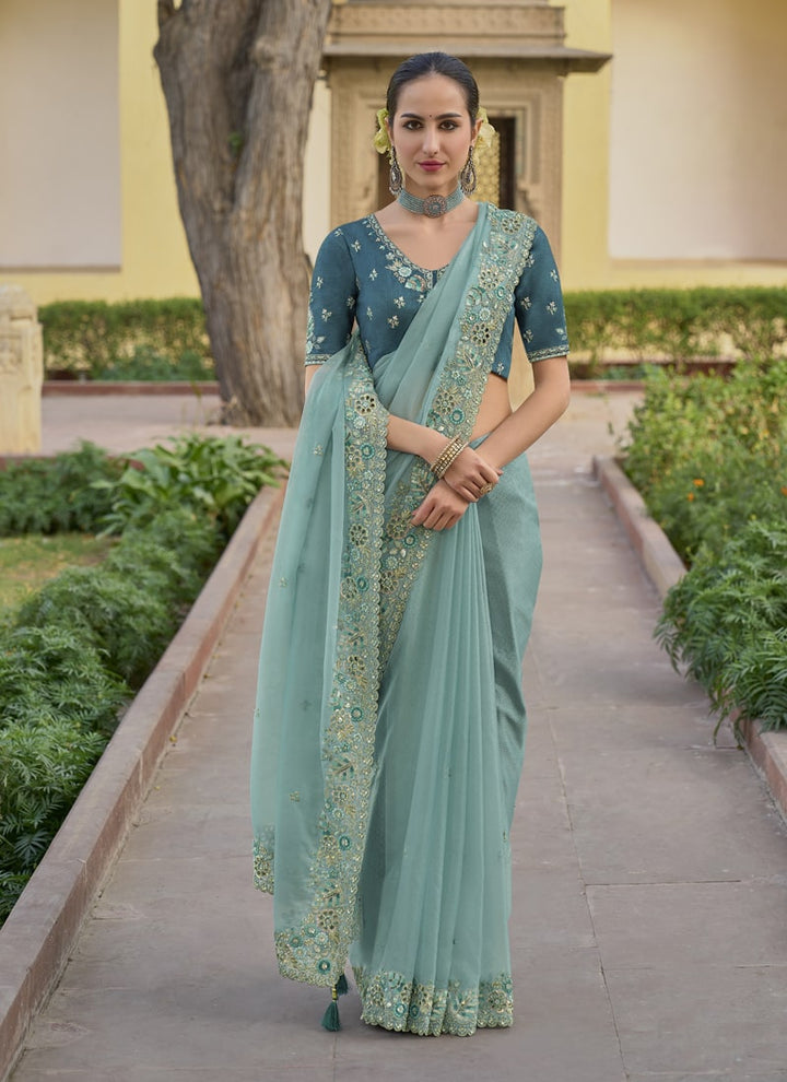 Lassya Fashion Dusty Blue Exquisite Wedding Saree with Embroidery and Cut Work