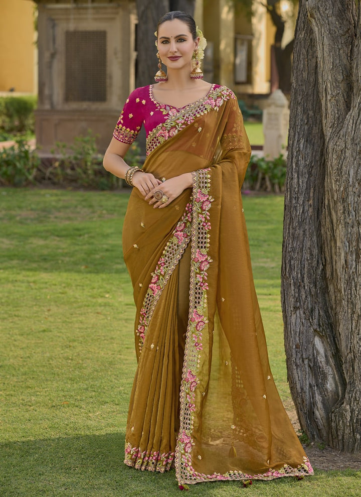 Lassya Fashion Mustard Exquisite Wedding Saree with Embroidery and Cut Work