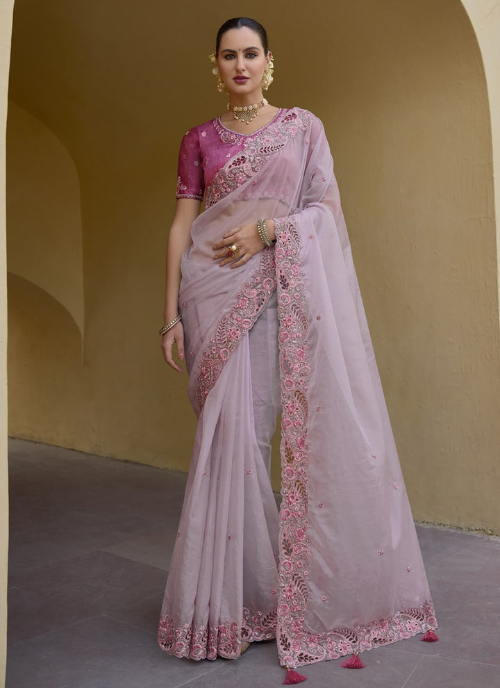 Lassya Fashion Lavender Exquisite Wedding Saree with Embroidery and Cut Work