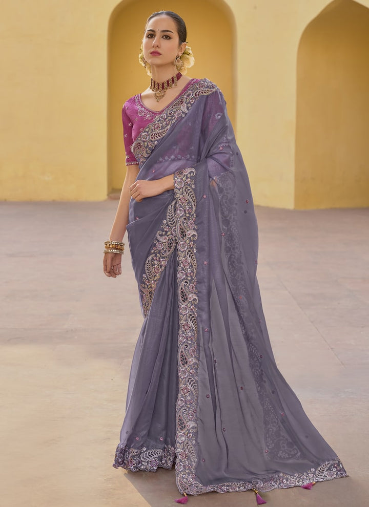 Lassya Fashion Purpelish Grey Exquisite Wedding Saree with Embroidery and Cut Work