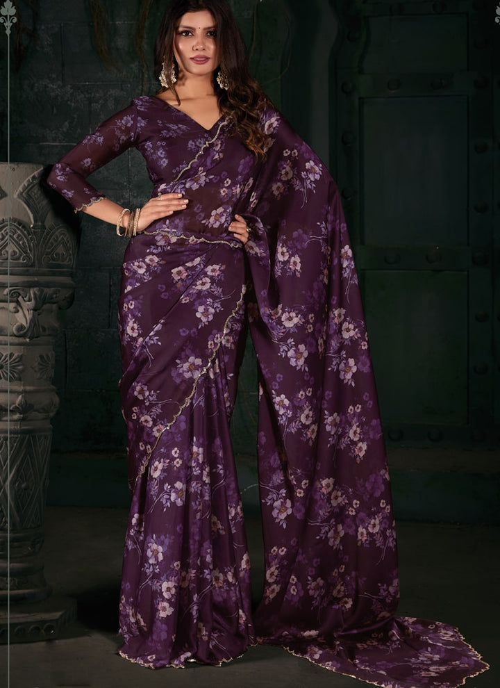 Lassya Fashion Purple Wine Zircon Cutwork Border Printed Saree with Blouse