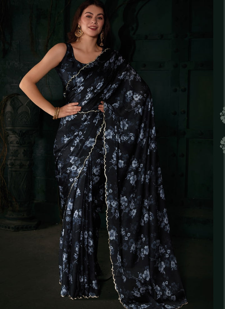 Lassya Fashion Black Zircon Cutwork Border Printed Saree with Blouse