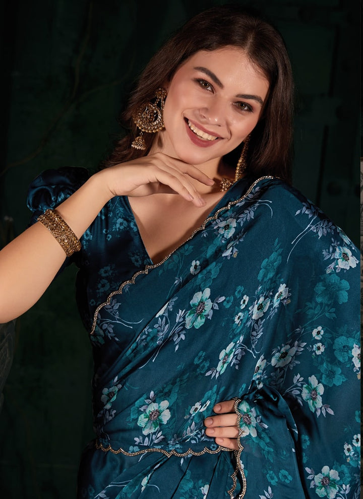 Lassya Fashion Navy Blue Zircon Cutwork Border Printed Saree with Blouse