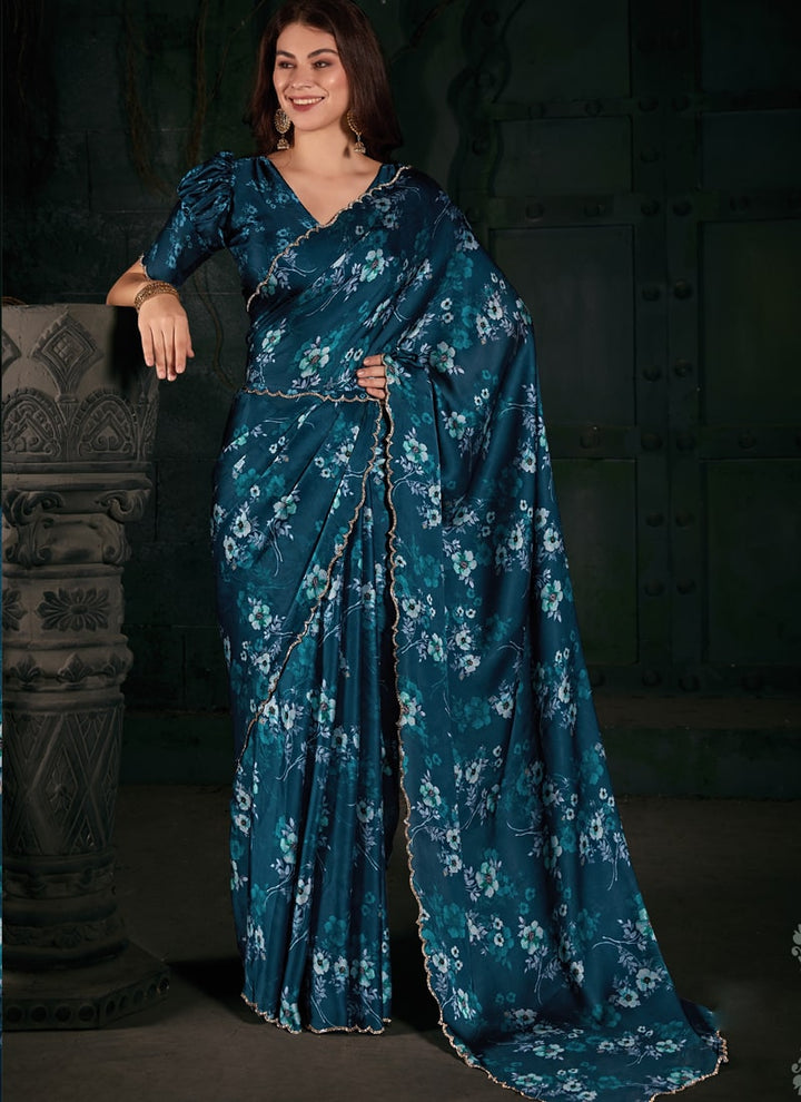 Lassya Fashion Navy Blue Zircon Cutwork Border Printed Saree with Blouse