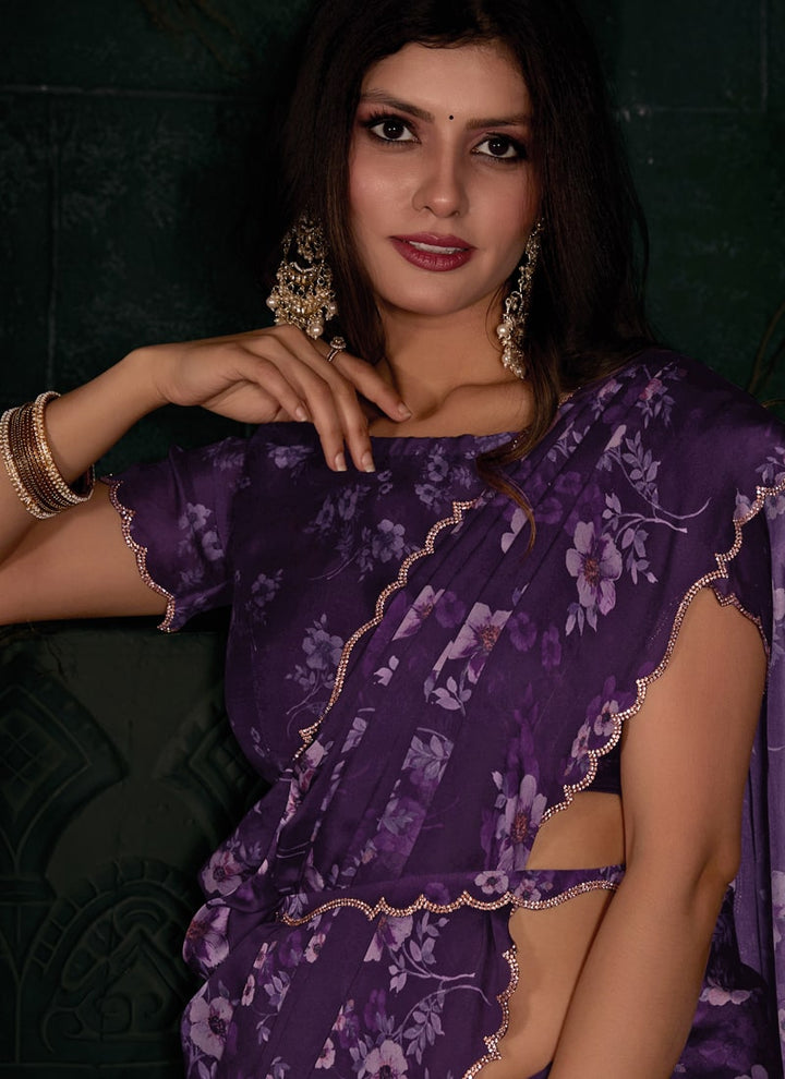 Lassya Fashion Purple Zircon Cutwork Border Printed Saree with Blouse