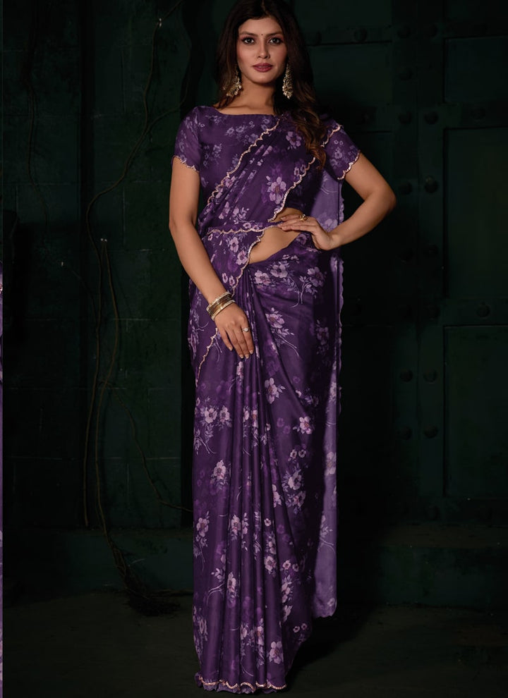 Lassya Fashion Purple Zircon Cutwork Border Printed Saree with Blouse