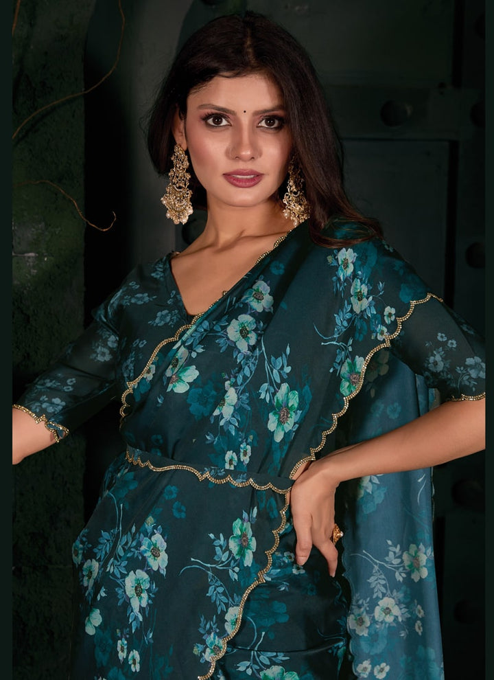 Lassya Fashion Rama Green Zircon Cutwork Border Printed Saree with Blouse