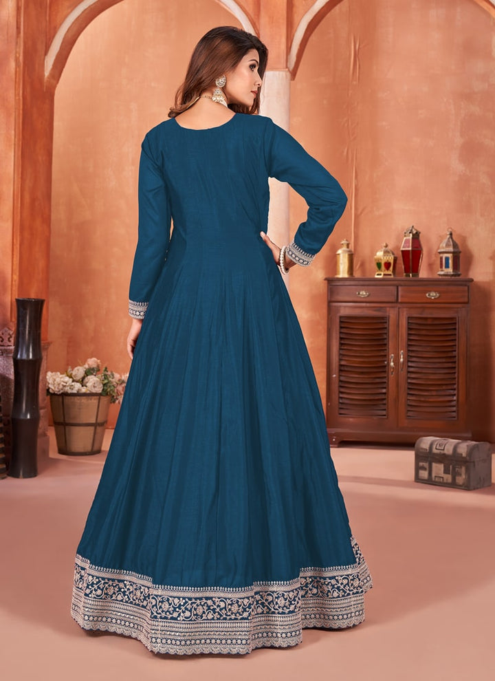 Lassya Fashion Teal Blue Elegant Floor-Length Art Silk Gown Ensemble