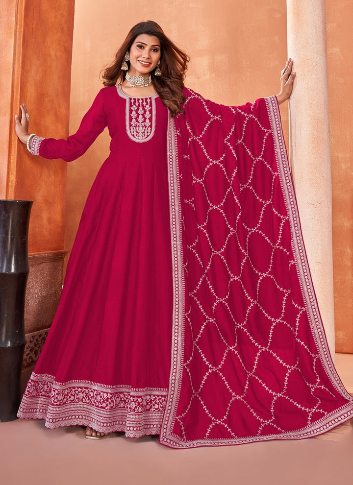 Lassya Fashion Rani Pink Elegant Floor-Length Art Silk Gown Ensemble