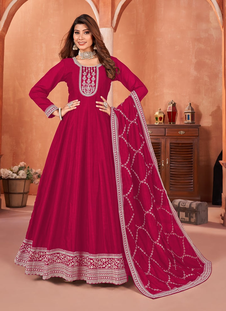 Lassya Fashion Rani Pink Elegant Floor-Length Art Silk Gown Ensemble