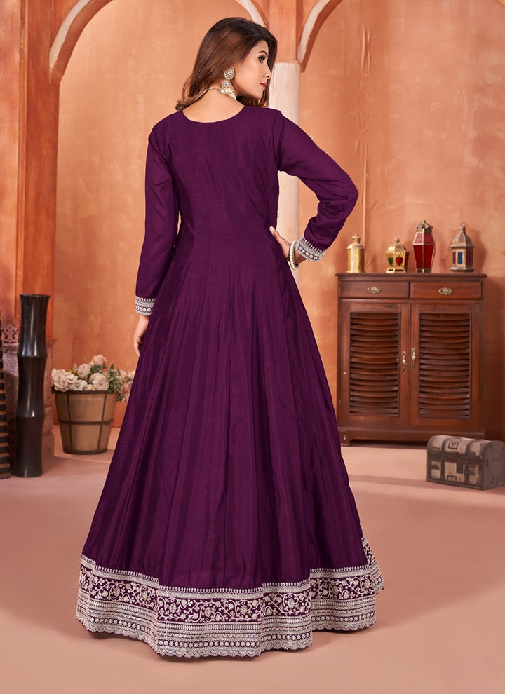Lassya Fashion Dark Purple Elegant Floor-Length Art Silk Gown Ensemble
