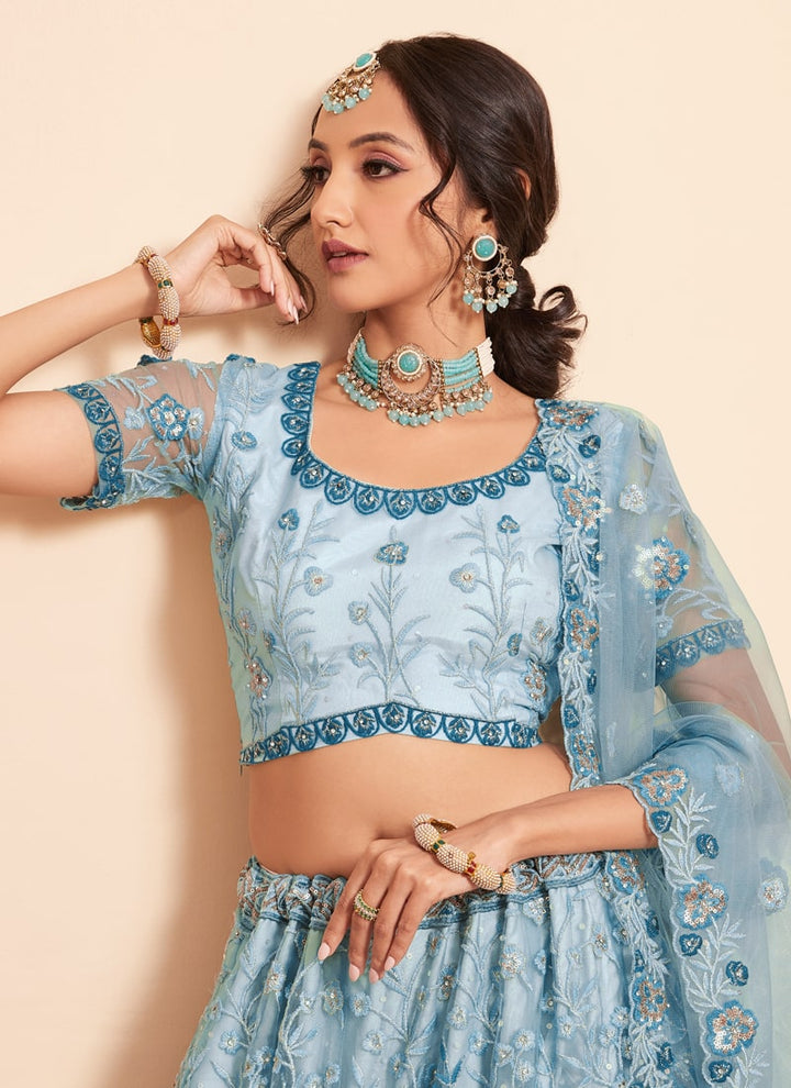 Lassya Fashion Sky Blue Exquisite Wedding Lehenga Set with Intricate Embroidery