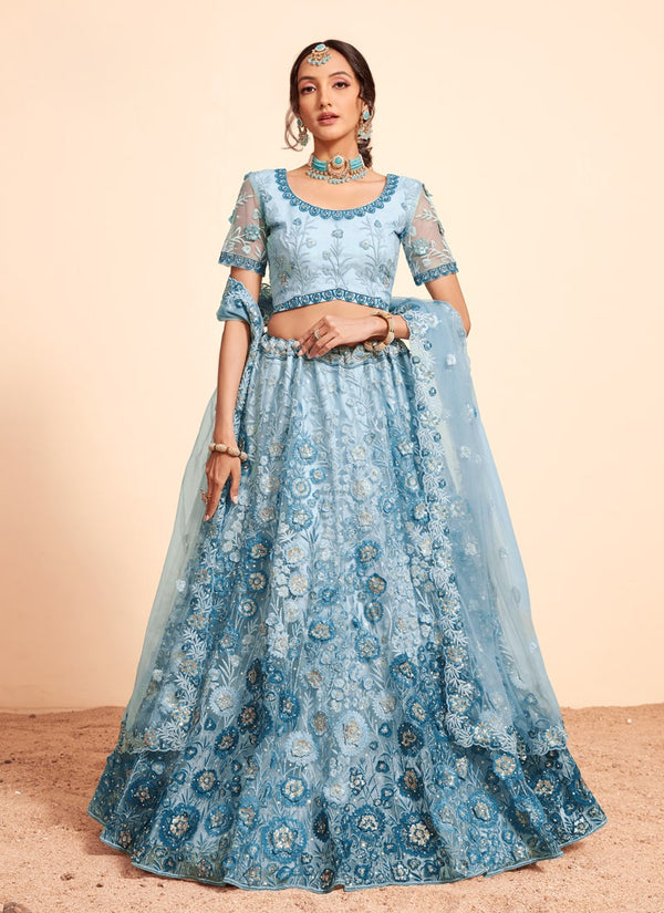 Lassya Fashion Sky Blue Exquisite Wedding Lehenga Set with Intricate Embroidery