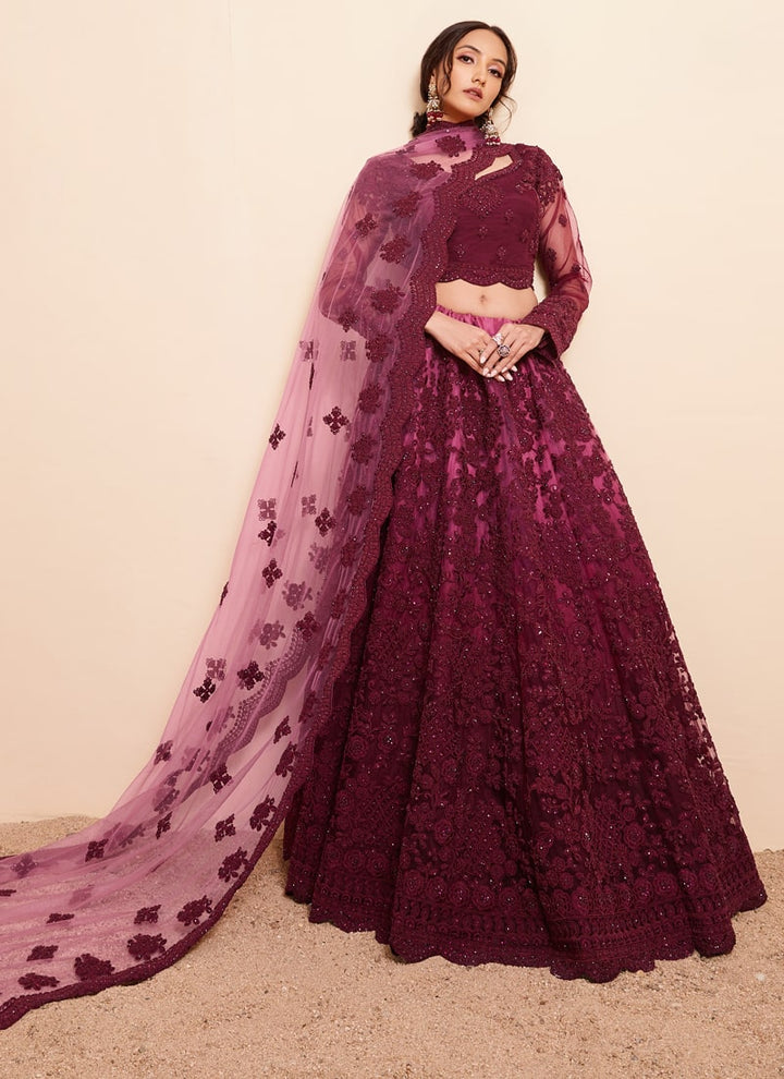 Lassya Fashion Wine Red Exquisite Wedding Lehenga Set with Stone Embellishments