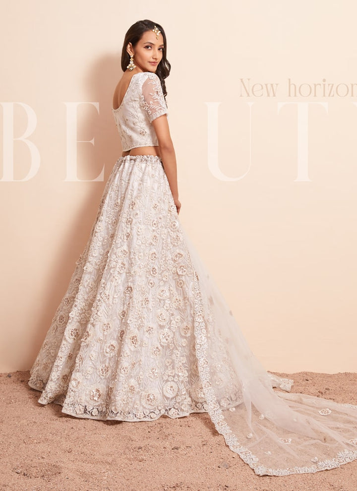 Lassya Fashion Pearl White Exquisite Wedding Lehenga Set with Intricate Embroidery