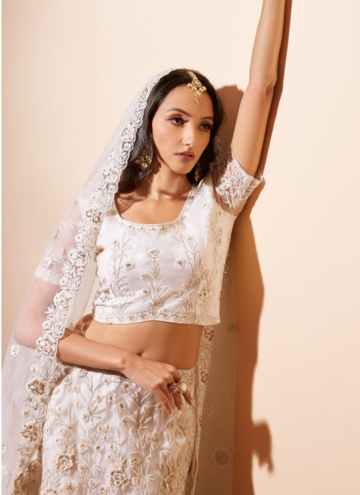 Lassya Fashion Pearl White Exquisite Wedding Lehenga Set with Intricate Embroidery