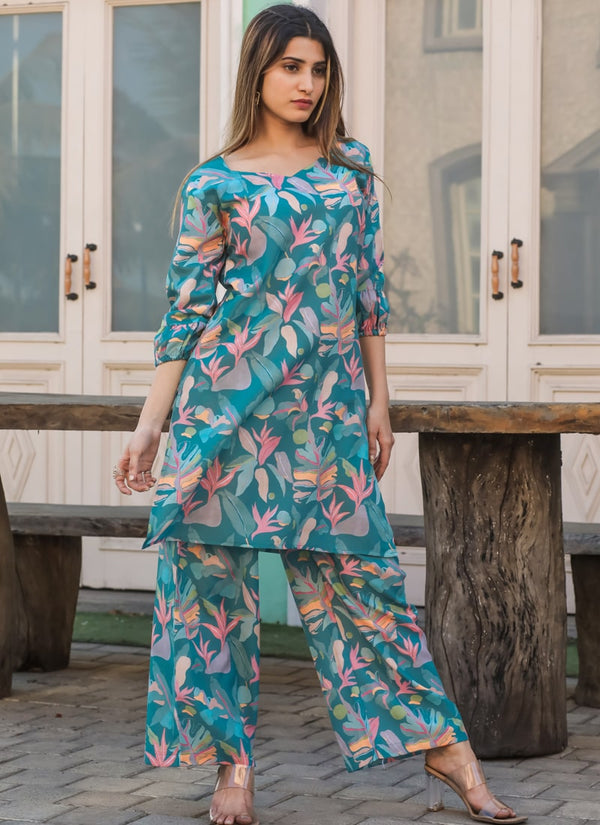 Lassya Fashion Teal Blue Vibrant Abstract Floral Co-ord Set For Summer