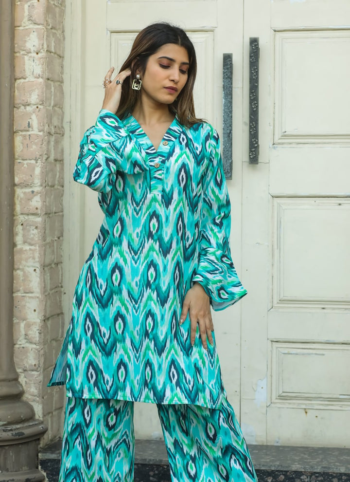 Lassya Fashion Aqua Blue Vibrant Abstract Floral Co-ord Set For Summer