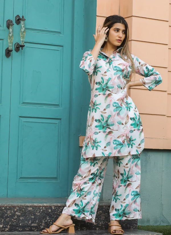 Lassya Fashion Pearl White Vibrant Abstract Floral Co-ord Set For Summer