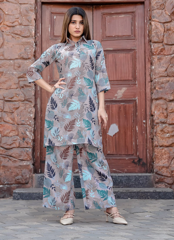 Lassya Fashion Warm Grey Vibrant Abstract Floral Co-ord Set For Summer