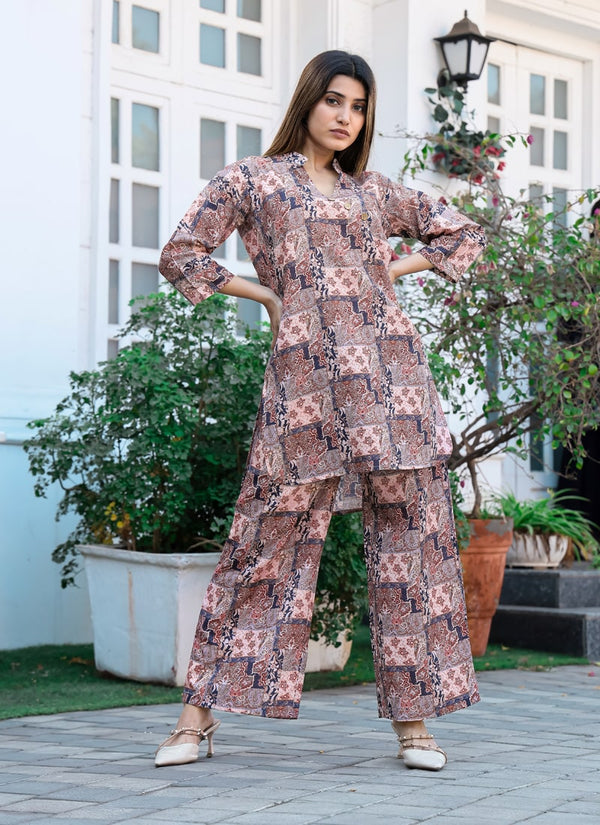 Lassya Fashion Light Brown Vibrant Abstract Floral Co-ord Set For Summer