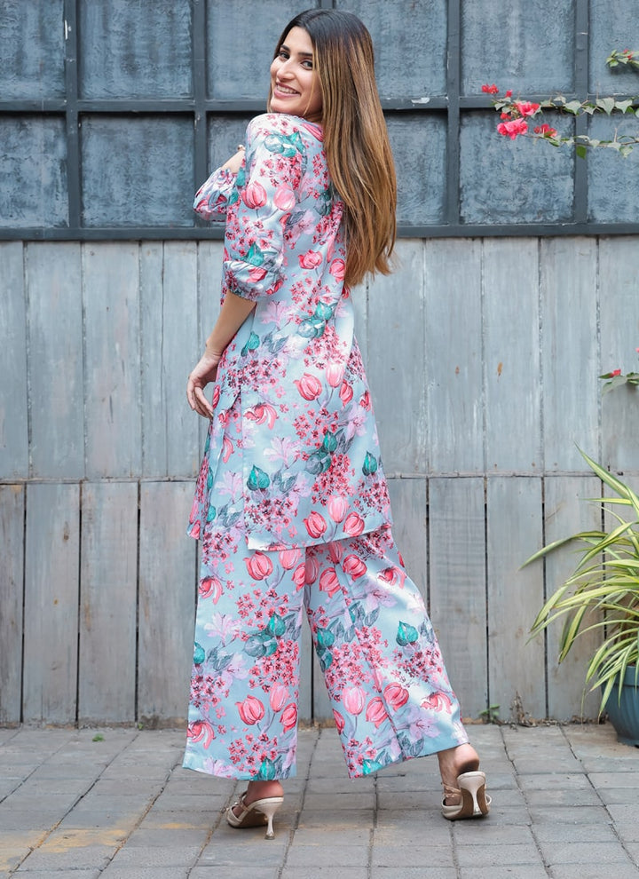 Lassya Fashion Sky Blue Vibrant Abstract Floral Co-ord Set Your Ticket to Summer Fun