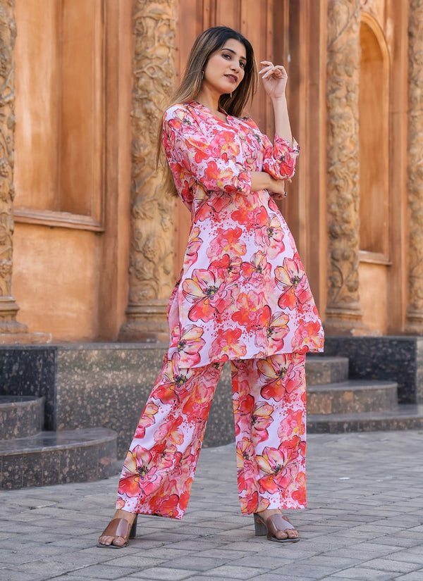 Lassya Fashion Red Vibrant Abstract Floral Co-ord Set For Summer